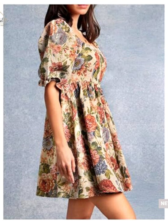 Floral Square Neck Ruffle Short Dress Puff Sleeve Smocked A-Line Mini - Picture 3 of 5